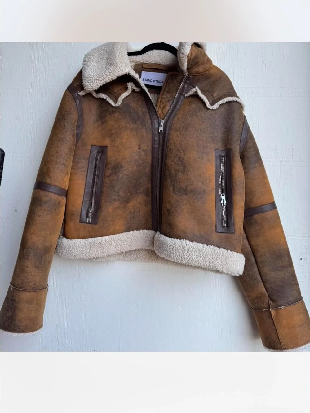 Stand Studio Brown Leather Aviator Jacket with Cream Shearling